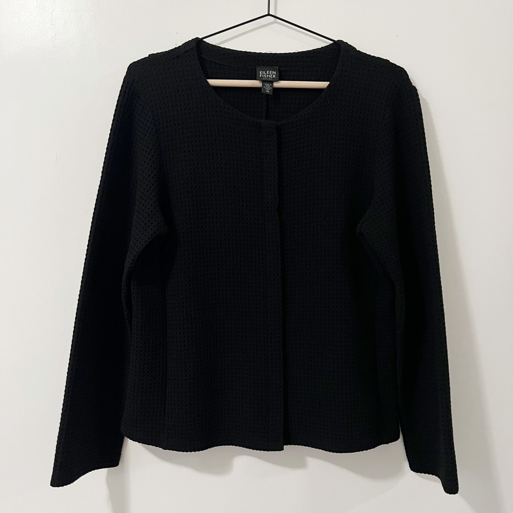 Eileen‎ Fisher Petite PM Black Waffle Knit Snap Front Cardigan Jacket